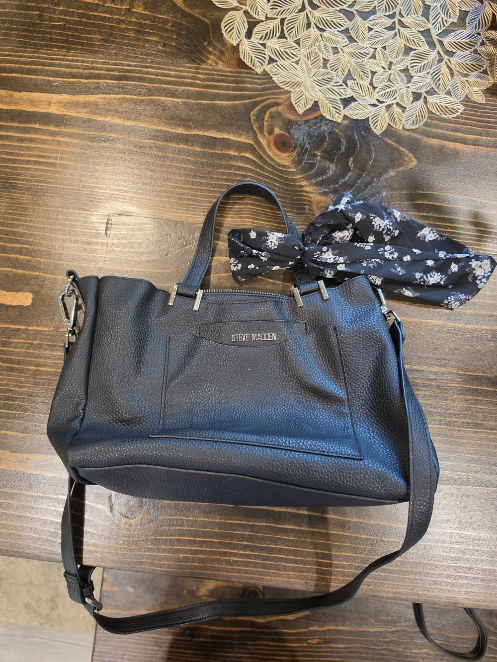 Steve Madden Black Pebbled Leather Tote Bag